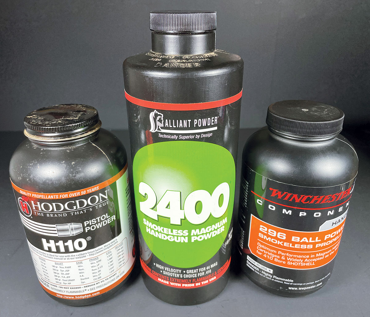 Many magnum handgun propellants pull double duty for the 410. Among the best are (left to right): Hodgdon H-110, Alliant 2400 and Winchester 296.